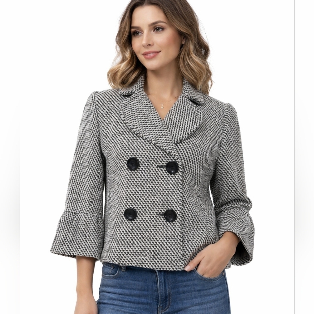 BKE Women’s Houndstooth Peacoat Jacket Size Medium Black White Wool Blend Crop